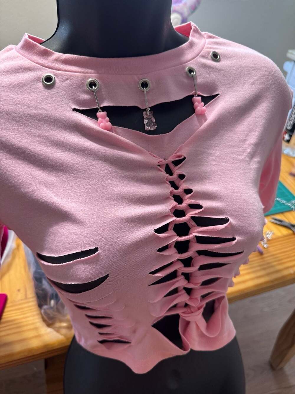 Customized Pink Distressed Grunge Style Cut-Out Crop Top with Gummy Bear Charms